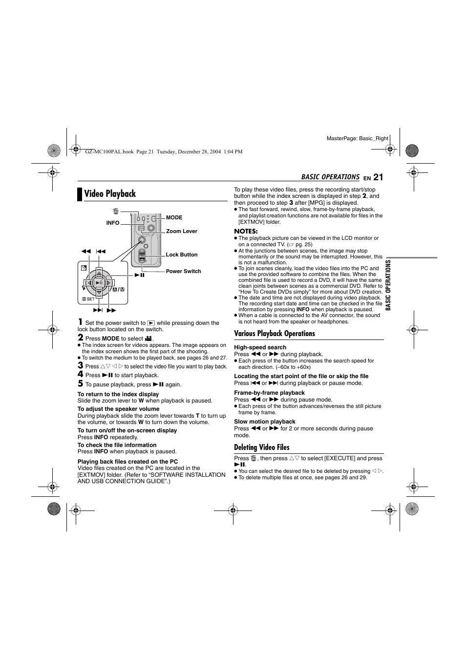 Video playback, Various playback operations, Deleting video files | Pg. 21, 2, Pg. 21), Playing back files created on the pc | JVC LYT1341-001B EN User Manual | Page 21 / 44