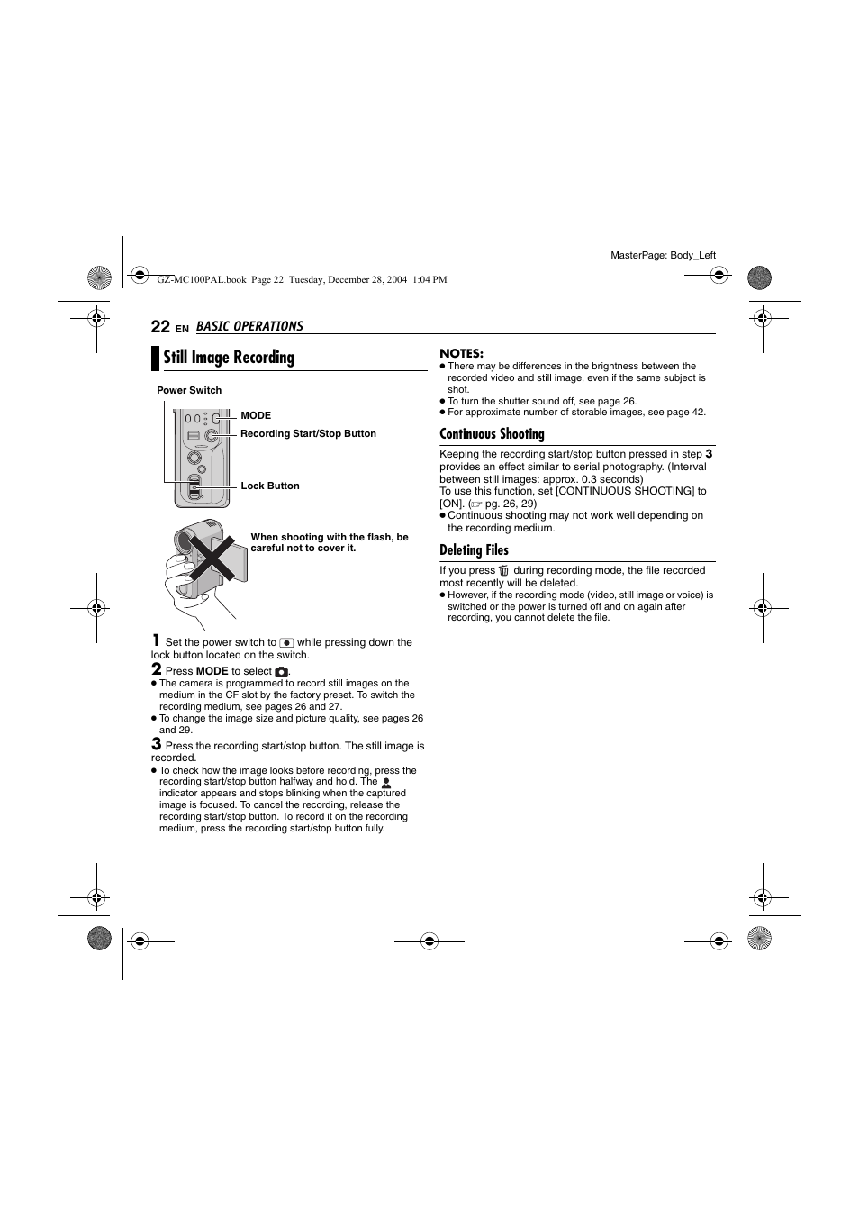 Still image recording, Continuous shooting, Deleting files | Pg. 22), Pg. 22 | JVC LYT1341-001B EN User Manual | Page 22 / 44