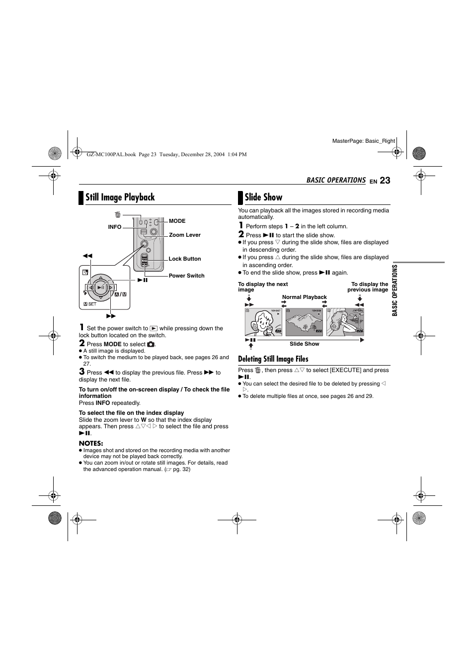 Still image playback, Slide show, Deleting still image files | Pg. 23) | JVC LYT1341-001B EN User Manual | Page 23 / 44