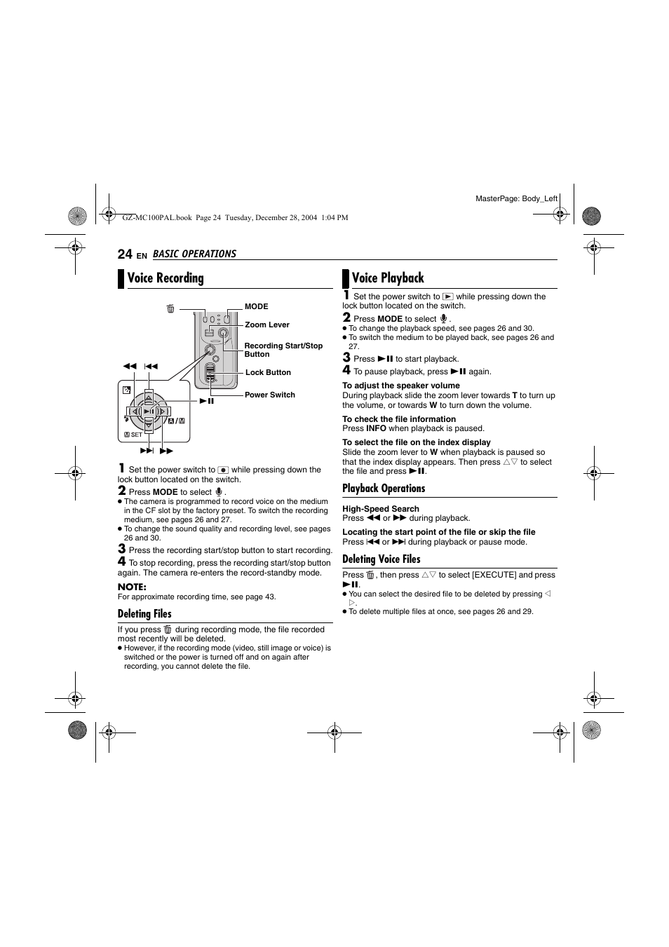 Voice recording, Deleting files, Voice playback | Playback operations, Deleting voice files, Pg. 24) | JVC LYT1341-001B EN User Manual | Page 24 / 44