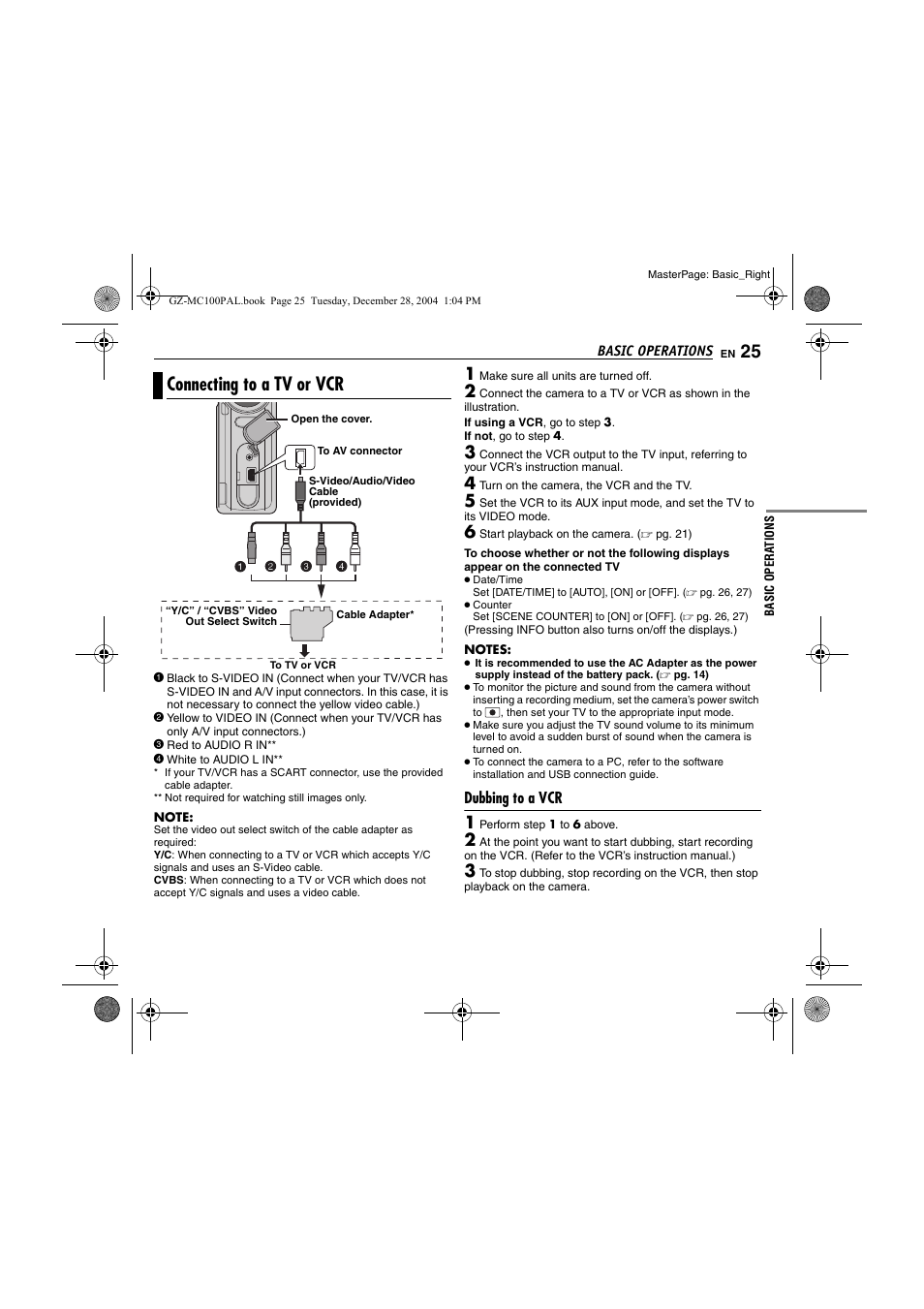 Connecting to a tv or vcr, Dubbing to a vcr, Pg. 25) | JVC LYT1341-001B EN User Manual | Page 25 / 44