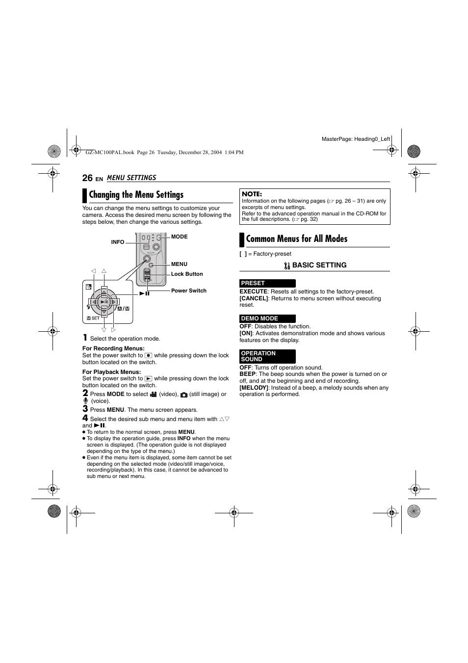 Menu settings, Changing the menu settings, Common menus for all modes | Pg. 26), Pg. 26, E 26, Ges 26 and, Ages 26 and, Ges 26, 26 an | JVC LYT1341-001B EN User Manual | Page 26 / 44