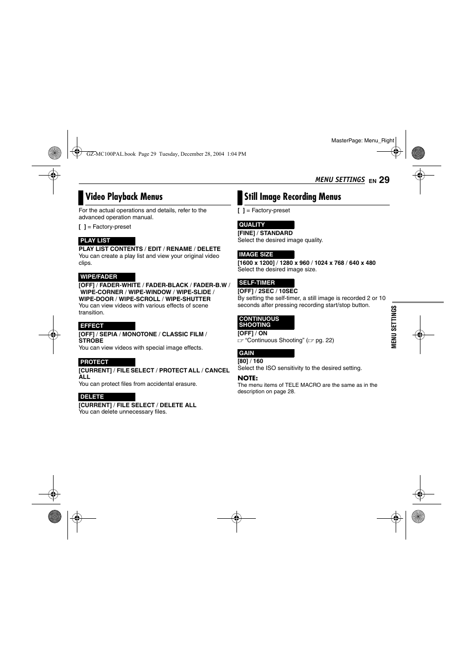 Video playback menus, Still image recording menus, Pg. 29) | D 29 | JVC LYT1341-001B EN User Manual | Page 29 / 44