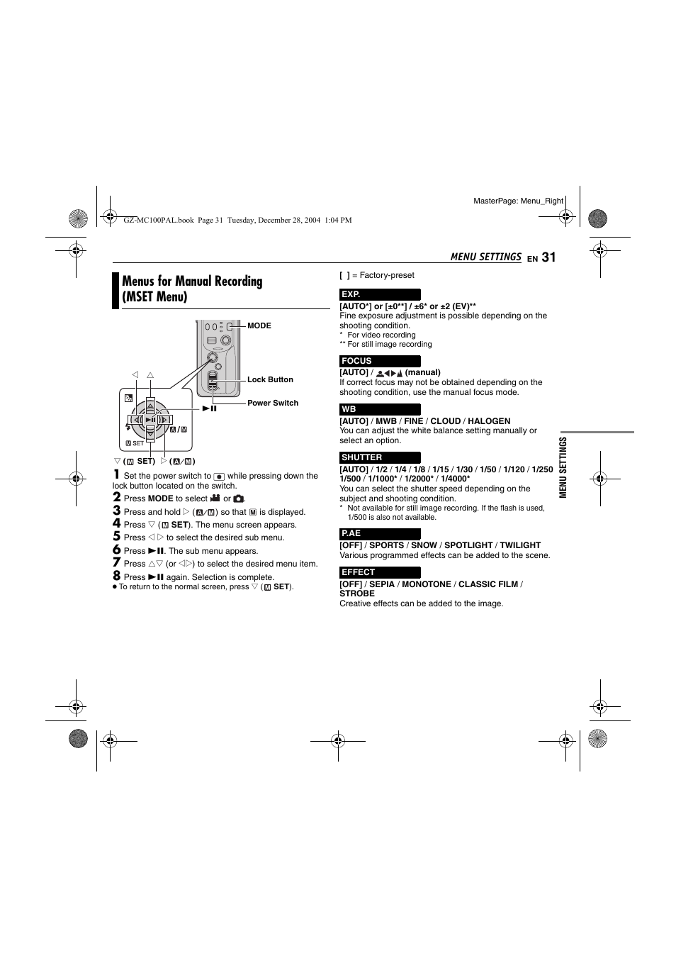 Menus for manual recording (mset menu), Pg. 31), R (੬ pg. 31) | JVC LYT1341-001B EN User Manual | Page 31 / 44