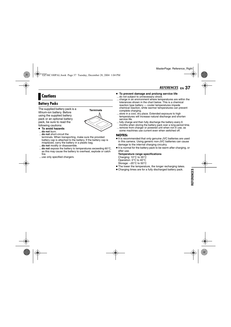 Cautions, Battery packs, Ad “cautions” on | Ges 37 to 39, Pg. 37), References | JVC LYT1341-001B EN User Manual | Page 37 / 44