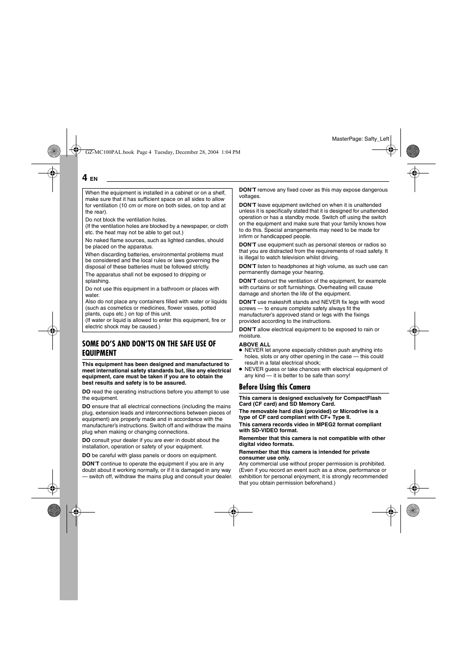 Before using this camera, Some do’s and don’ts on the safe use of equipment | JVC LYT1341-001B EN User Manual | Page 4 / 44