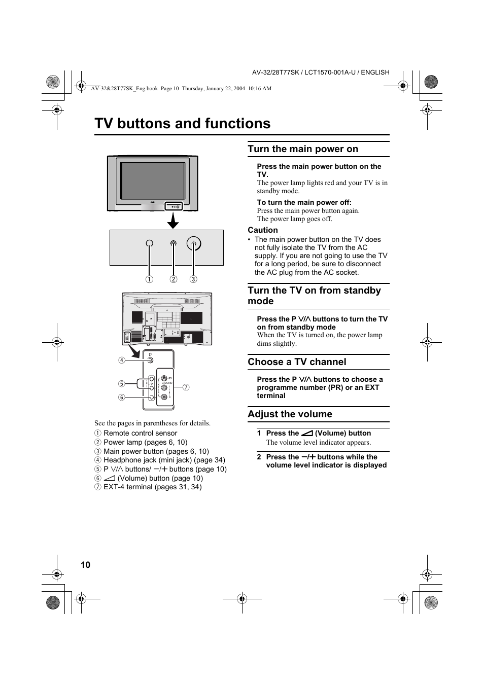 Tv buttons and functions, Turn the main power on, Turn the tv on from standby mode | Choose a tv channel, Adjust the volume | JVC AV-32T77SK User Manual | Page 10 / 40