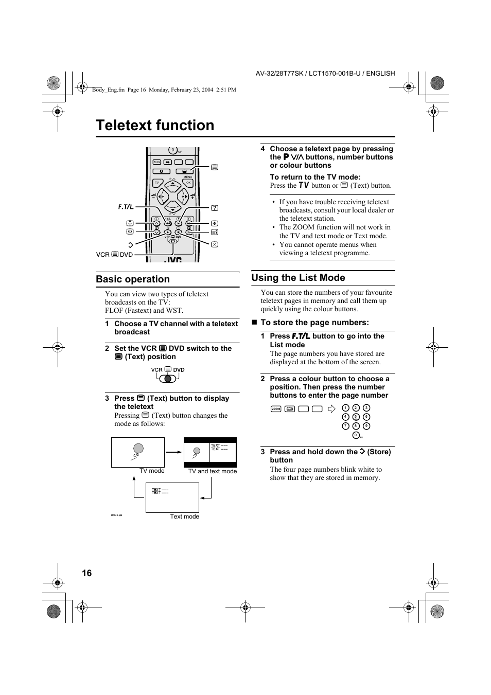 Teletext function, Basic operation, Using the list mode | JVC AV-32T77SK User Manual | Page 16 / 40