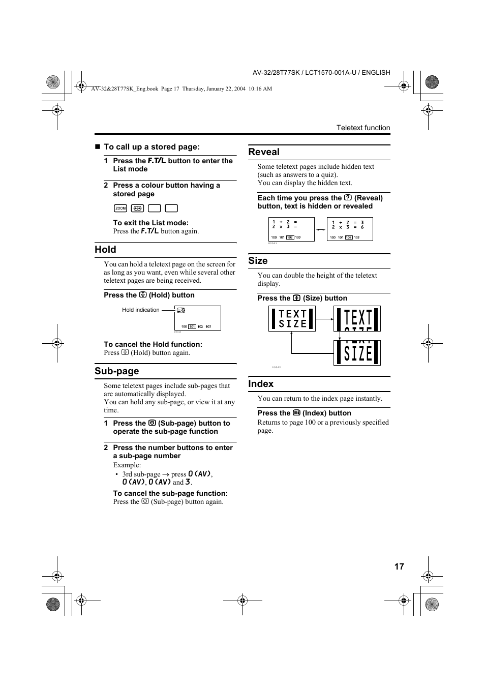 Hold, Sub-page, Reveal | Size, Index | JVC AV-32T77SK User Manual | Page 17 / 40