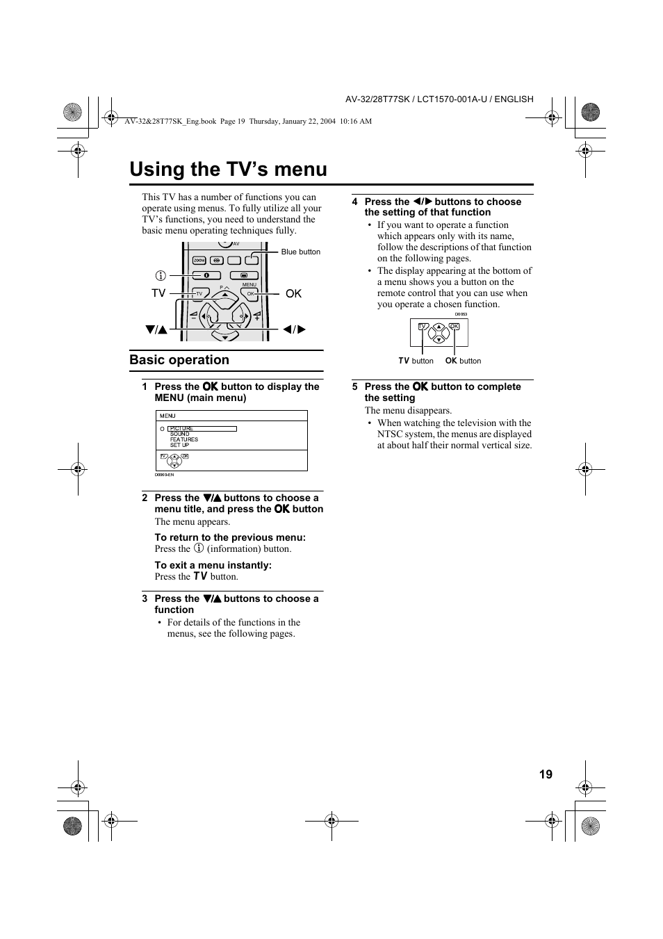 Using the tv’s menu, Basic operation | JVC AV-32T77SK User Manual | Page 19 / 40