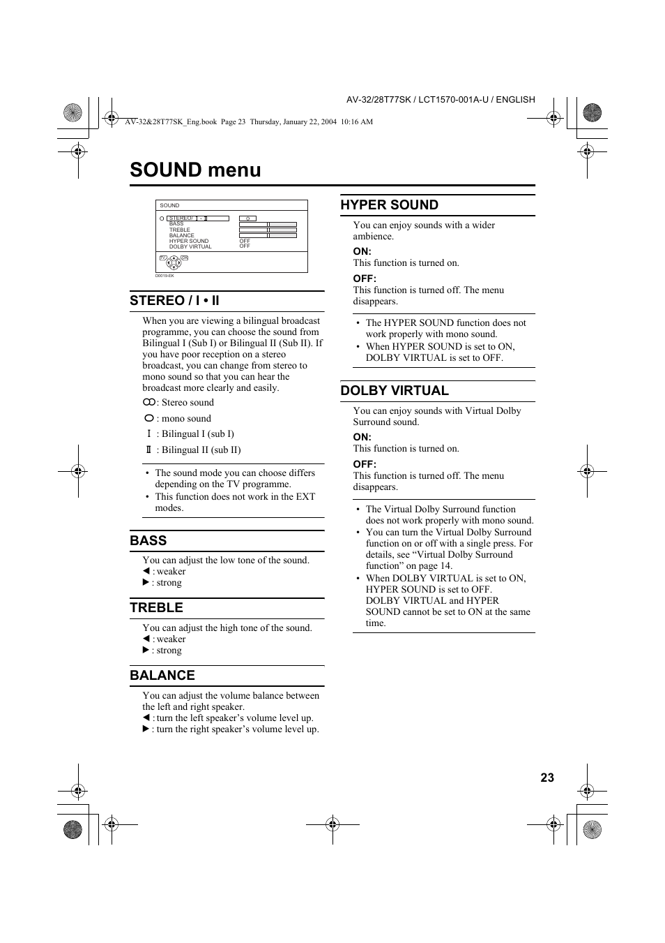 Sound menu, Stereo / i • ii, Bass | Treble, Balance, Hyper sound, Dolby virtual | JVC AV-32T77SK User Manual | Page 23 / 40