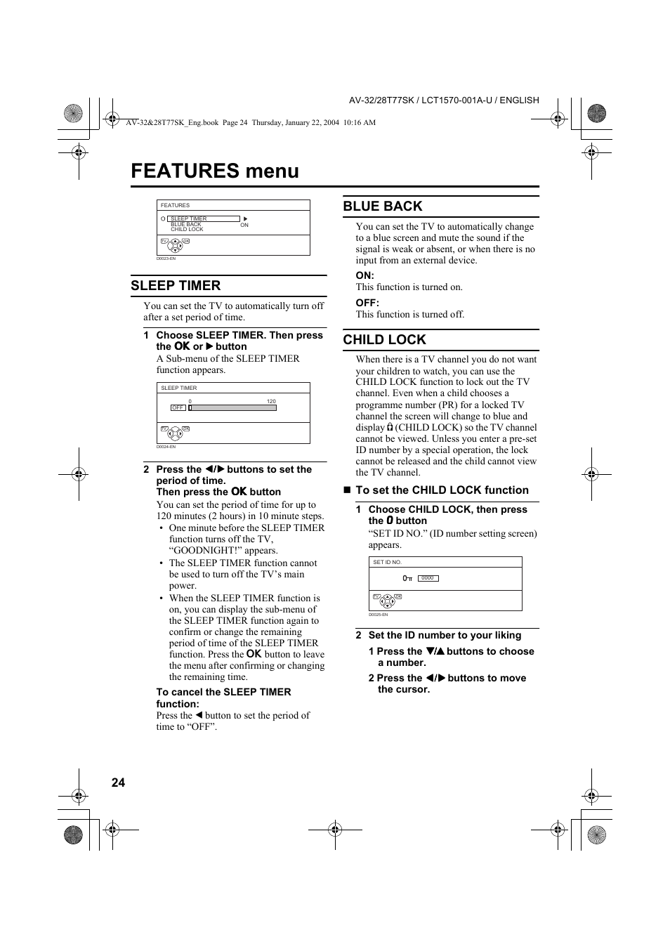 Features menu, Sleep timer, Blue back | Child lock | JVC AV-32T77SK User Manual | Page 24 / 40