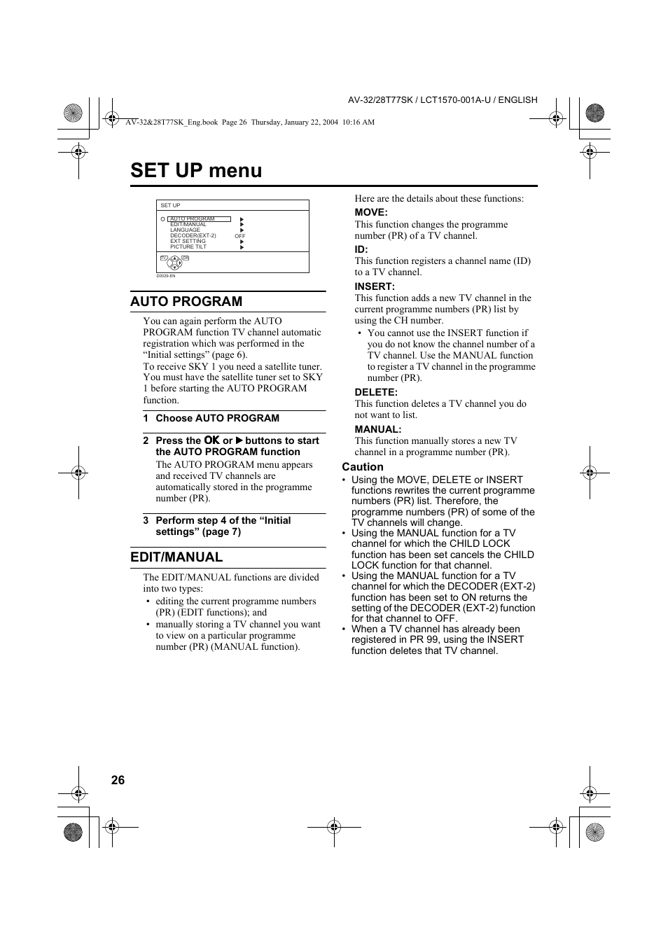 Set up menu, Auto program, Edit/manual | JVC AV-32T77SK User Manual | Page 26 / 40