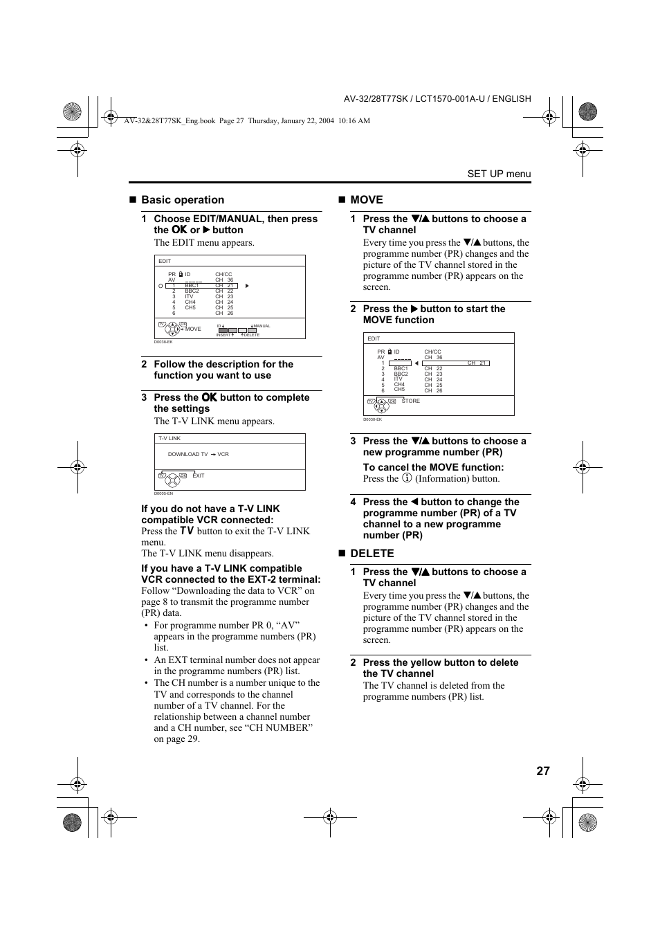 Basic operation, Move, Delete | Set up menu | JVC AV-32T77SK User Manual | Page 27 / 40