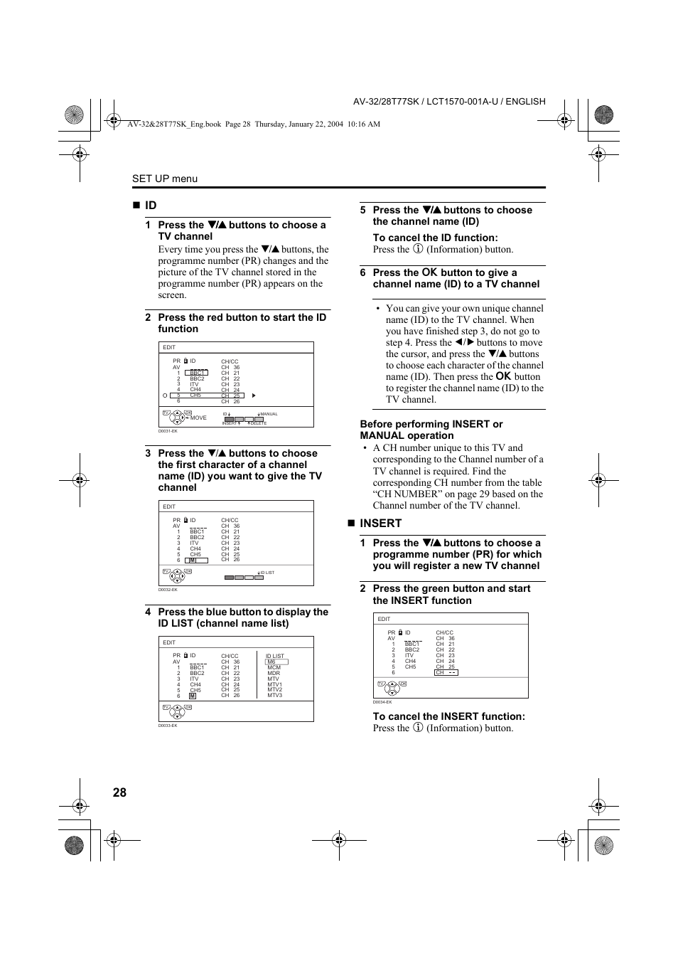 Insert, Set up menu | JVC AV-32T77SK User Manual | Page 28 / 40