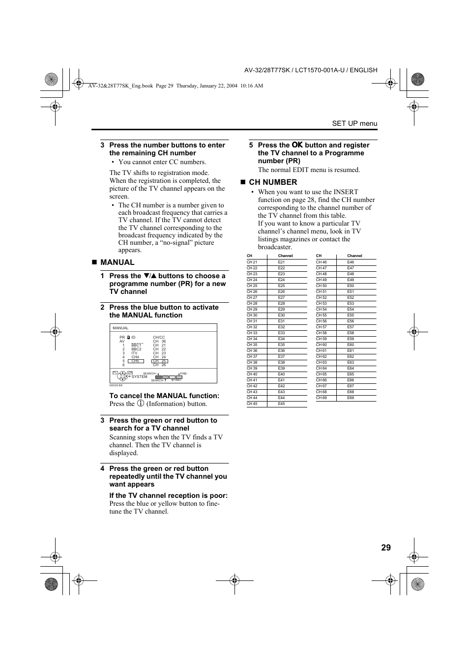 Manual, Ch number, Set up menu | JVC AV-32T77SK User Manual | Page 29 / 40