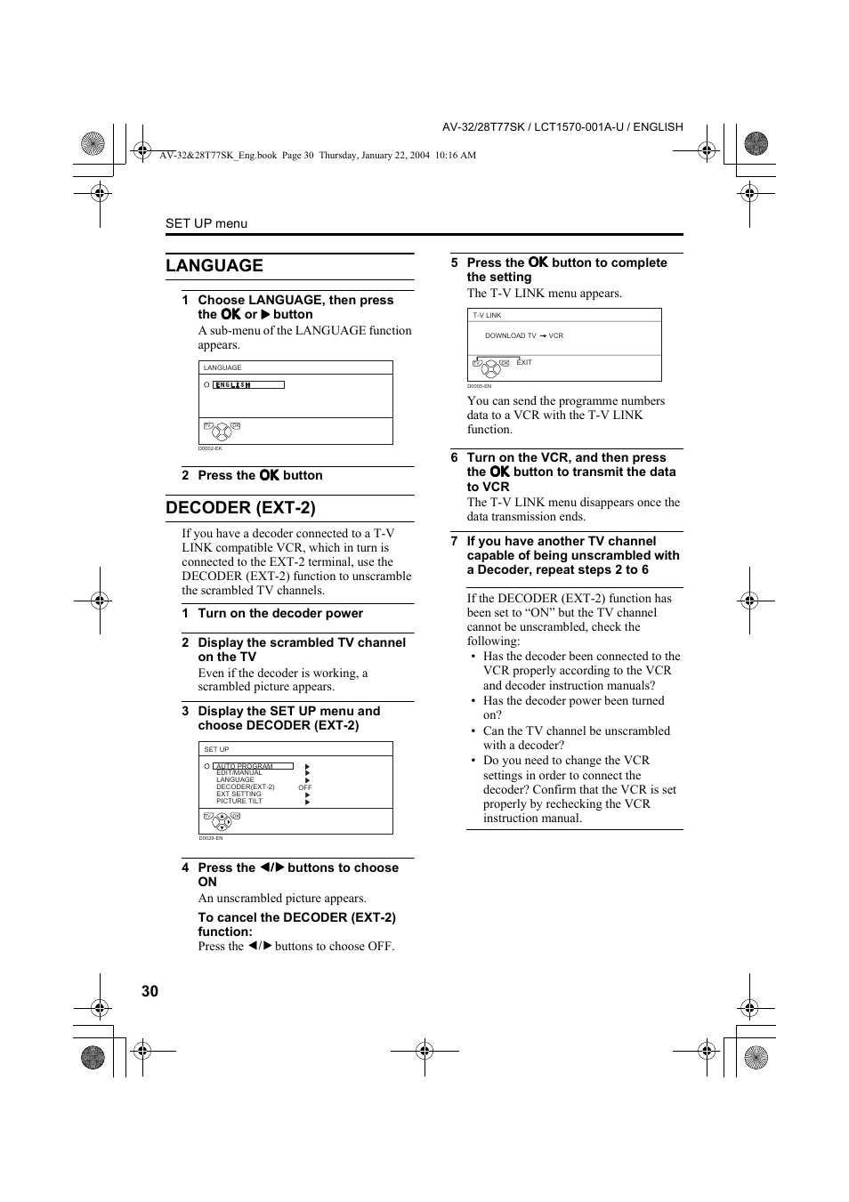 Language, Decoder (ext-2) | JVC AV-32T77SK User Manual | Page 30 / 40