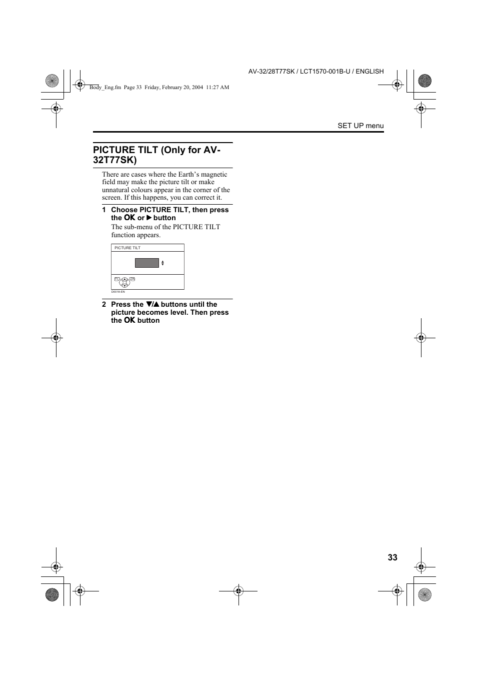 Picture tilt (only for av- 32t77sk) | JVC AV-32T77SK User Manual | Page 33 / 40