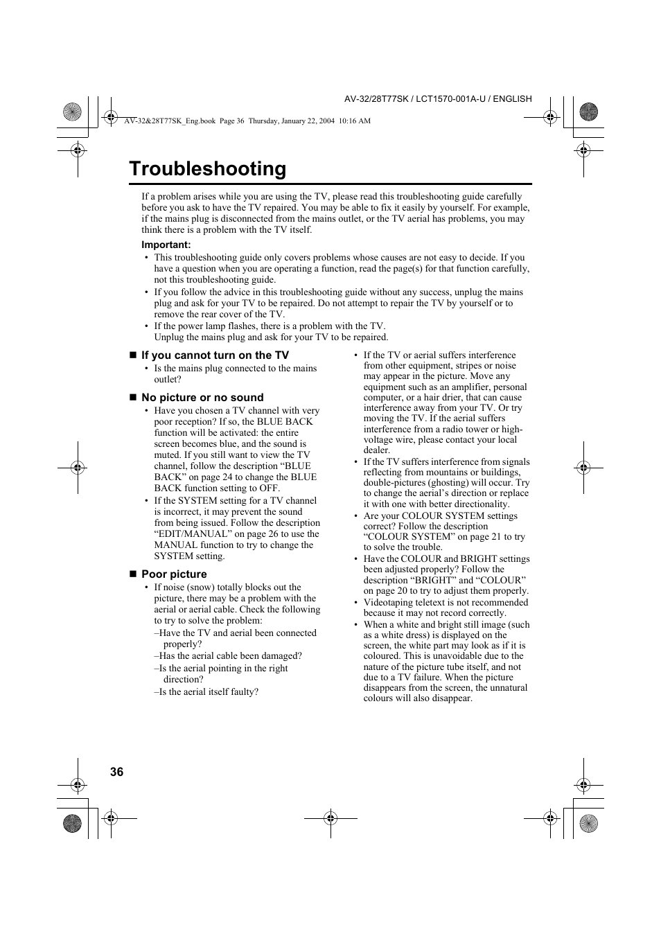 Troubleshooting | JVC AV-32T77SK User Manual | Page 36 / 40