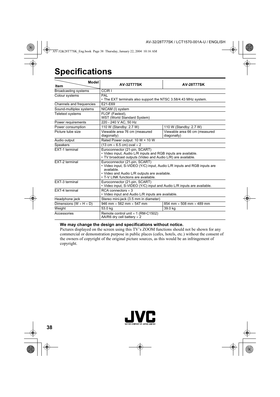 Specifications | JVC AV-32T77SK User Manual | Page 38 / 40