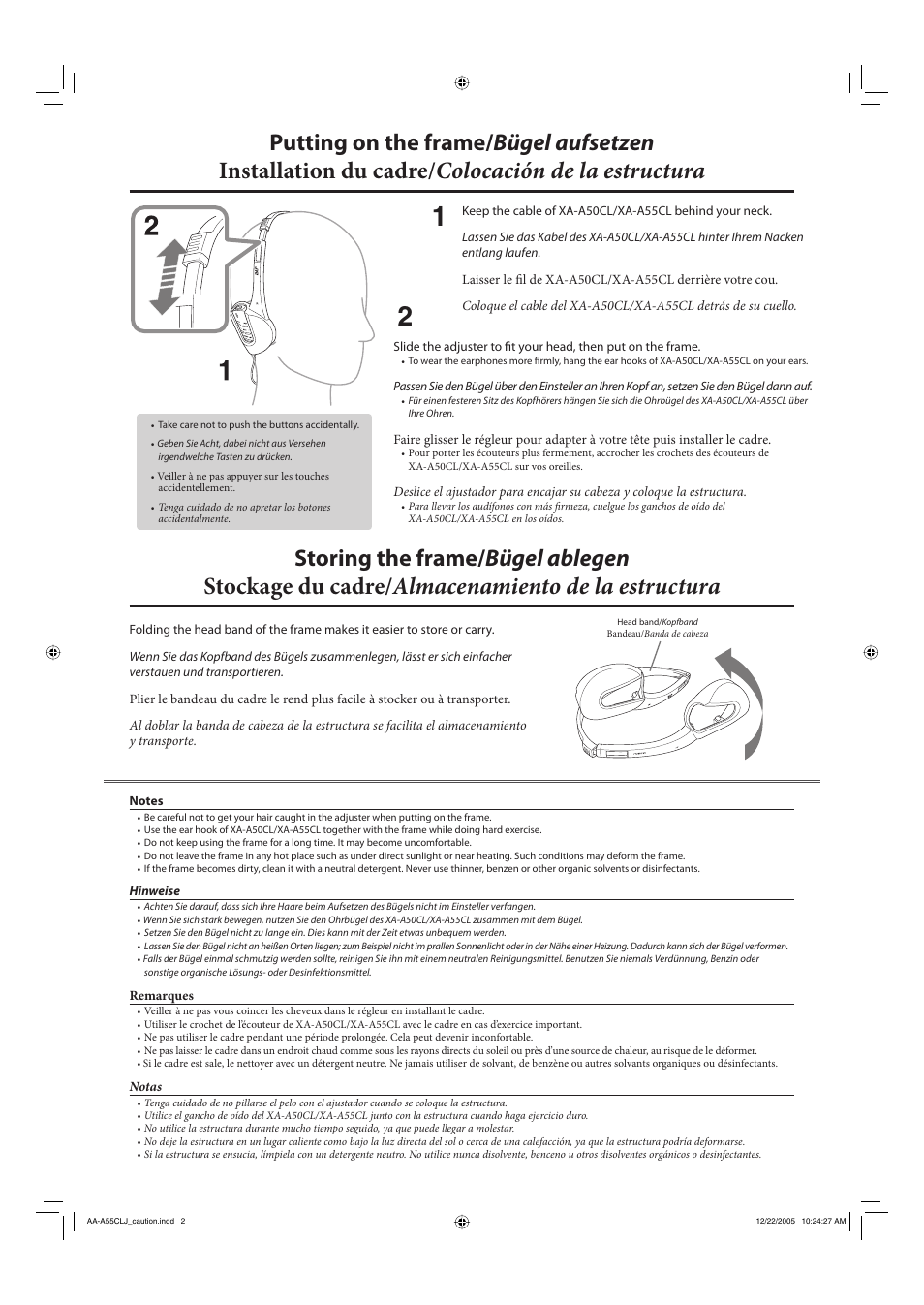 Putting on the frame, Storing the frame | JVC XA-A55CL User Manual | Page 2 / 2
