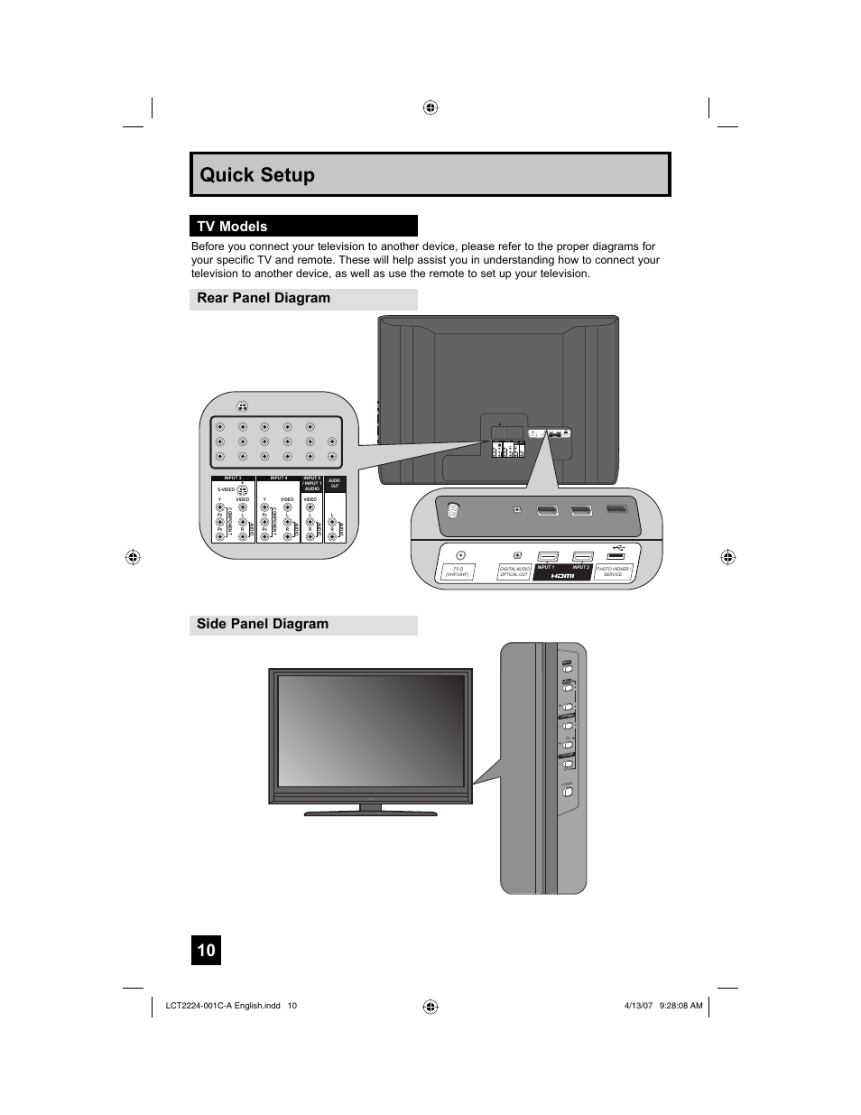 Tv models, Rear panel diagram, Side panel diagram | Quick setup, Rear panel diagram side panel diagram, Input 5 / input 1 audio audio out, Power | JVC HD-ILA 0407TNH-II-IM User Manual | Page 10 / 72