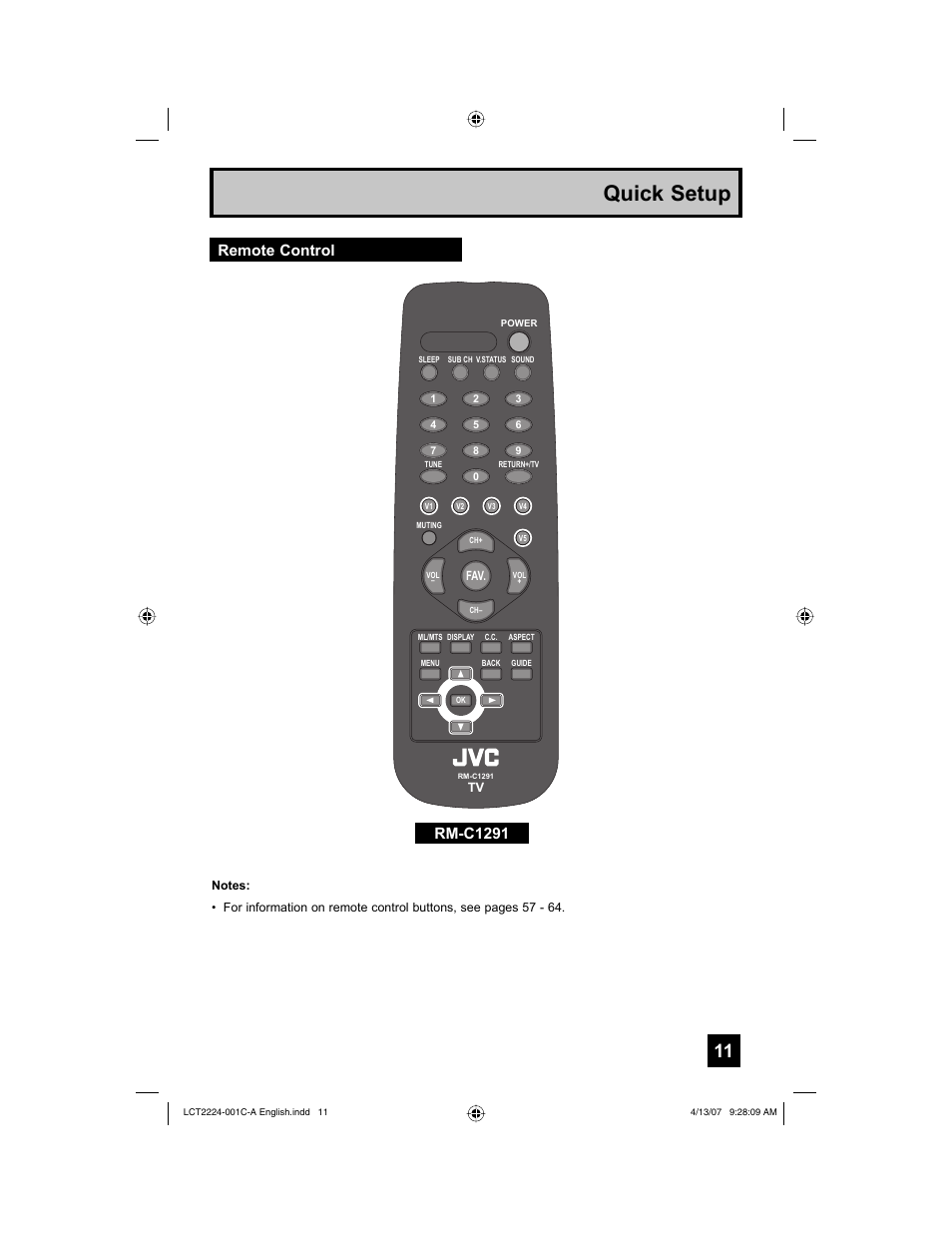 Remote control, Quick setup, Rm-c1291 | JVC HD-ILA 0407TNH-II-IM User Manual | Page 11 / 72