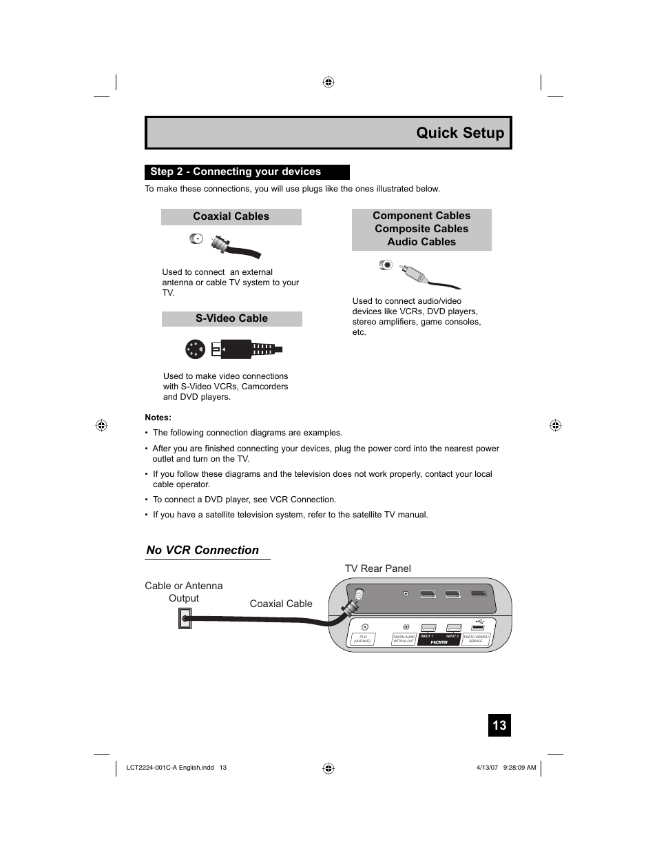 Step 2 - connecting your devices, Quick setup, No vcr connection | Coaxial cables s-video cable, Component cables composite cables audio cables | JVC HD-ILA 0407TNH-II-IM User Manual | Page 13 / 72