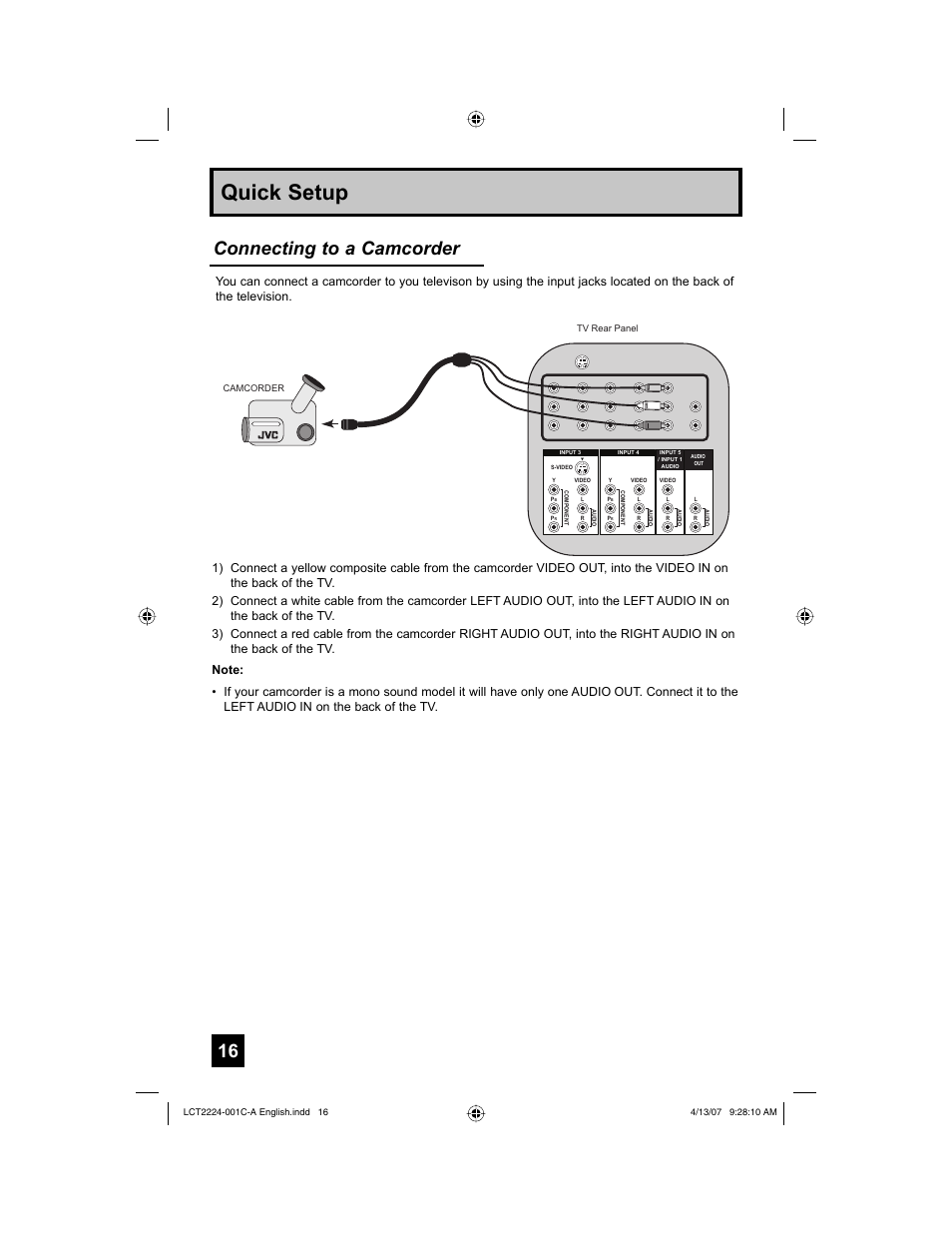 Quick setup, Connecting to a camcorder | JVC HD-ILA 0407TNH-II-IM User Manual | Page 16 / 72