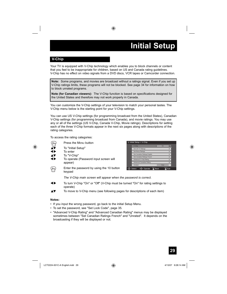 V-chip, Initial setup | JVC HD-ILA 0407TNH-II-IM User Manual | Page 29 / 72