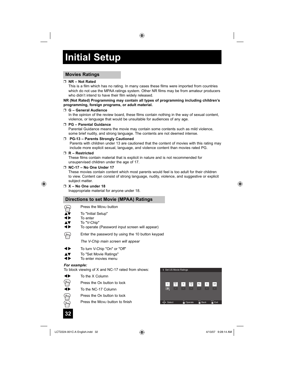 Initial setup, Movies ratings, Directions to set movie (mpaa) ratings | JVC HD-ILA 0407TNH-II-IM User Manual | Page 32 / 72