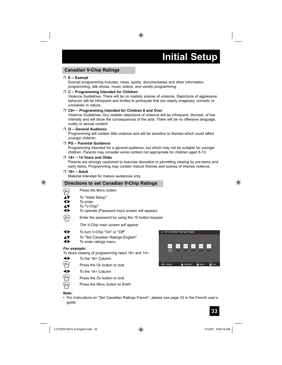 Initial setup, Directions to set canadian v-chip ratings, Canadian v-chip ratings | JVC HD-ILA 0407TNH-II-IM User Manual | Page 33 / 72