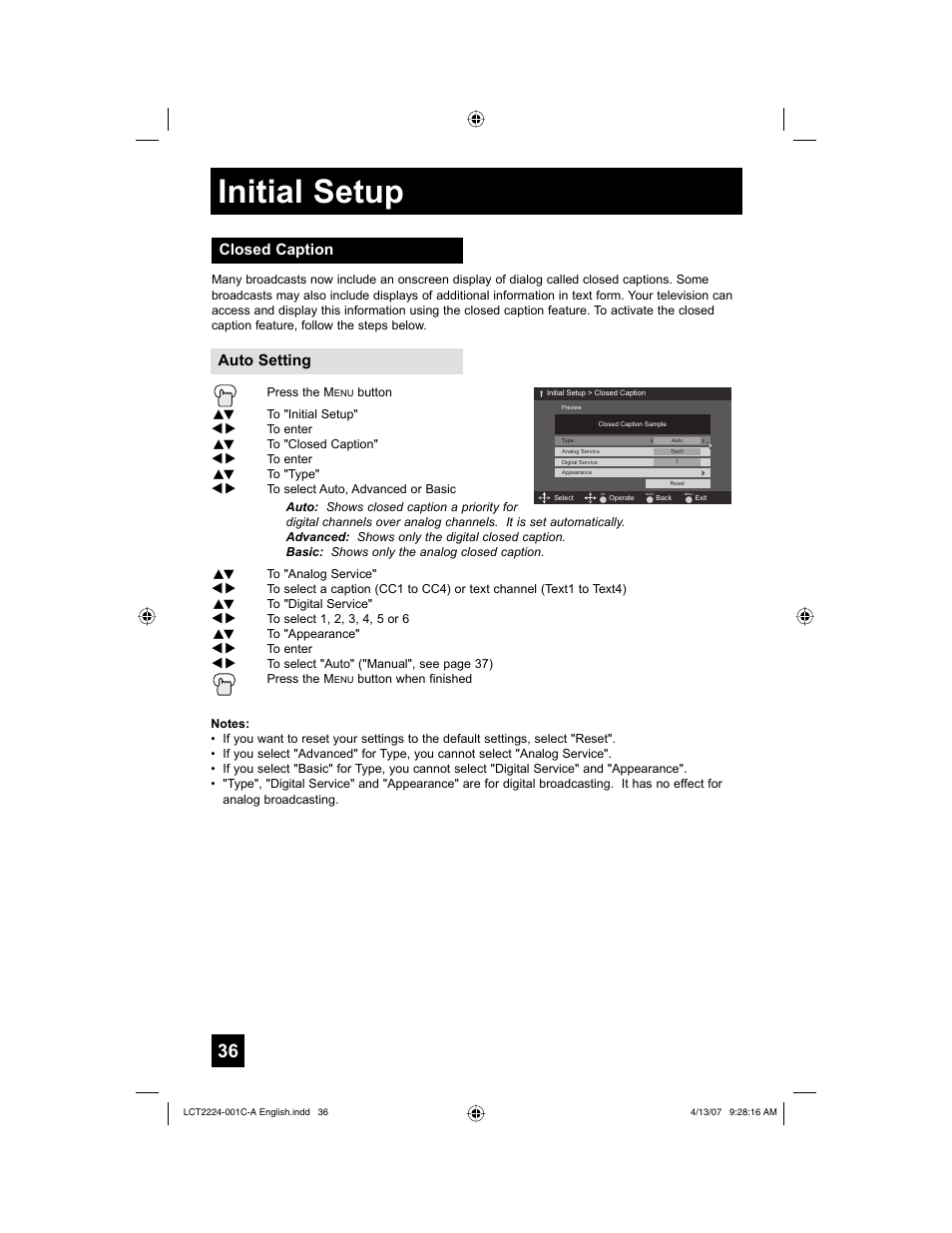 Closed caption, Initial setup, Closed caption auto setting | JVC HD-ILA 0407TNH-II-IM User Manual | Page 36 / 72
