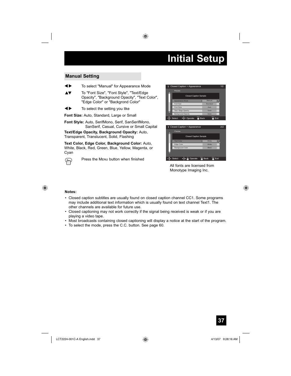 Initial setup, Manual setting | JVC HD-ILA 0407TNH-II-IM User Manual | Page 37 / 72