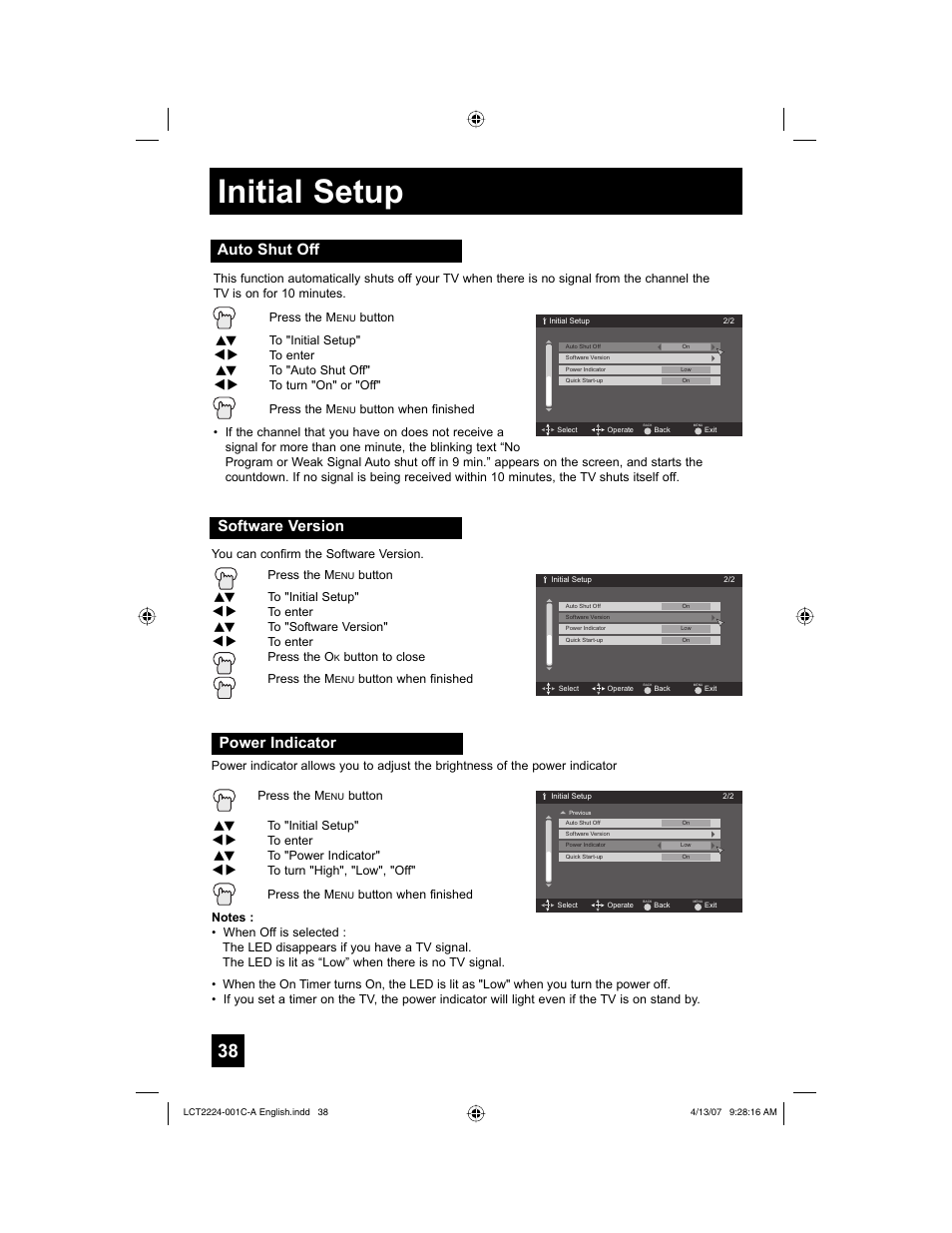 Auto shut off, Software version, Power indicator | Initial setup | JVC HD-ILA 0407TNH-II-IM User Manual | Page 38 / 72