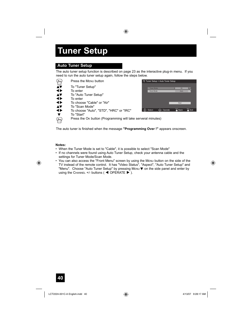 Tuner setup, Auto tuner setup | JVC HD-ILA 0407TNH-II-IM User Manual | Page 40 / 72