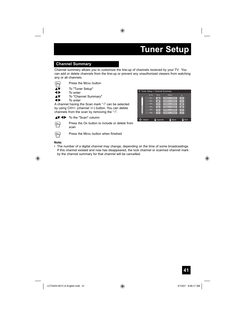 Channel summary, Tuner setup | JVC HD-ILA 0407TNH-II-IM User Manual | Page 41 / 72