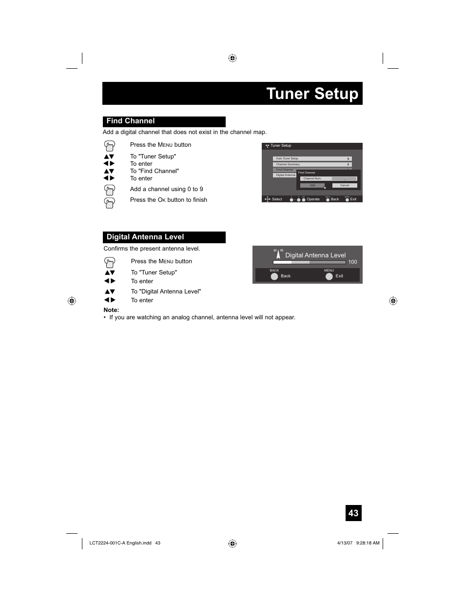 Find channel, Digital antenna level, Tuner setup | JVC HD-ILA 0407TNH-II-IM User Manual | Page 43 / 72