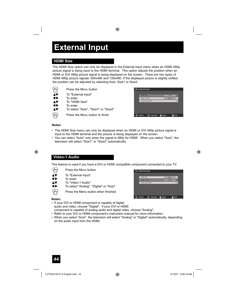 External input, Hdmi size, Video-1 audio | JVC HD-ILA 0407TNH-II-IM User Manual | Page 44 / 72