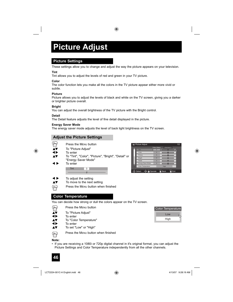 Picture adjust, Picture settings, Color temperature | Adjust the picture settings | JVC HD-ILA 0407TNH-II-IM User Manual | Page 46 / 72