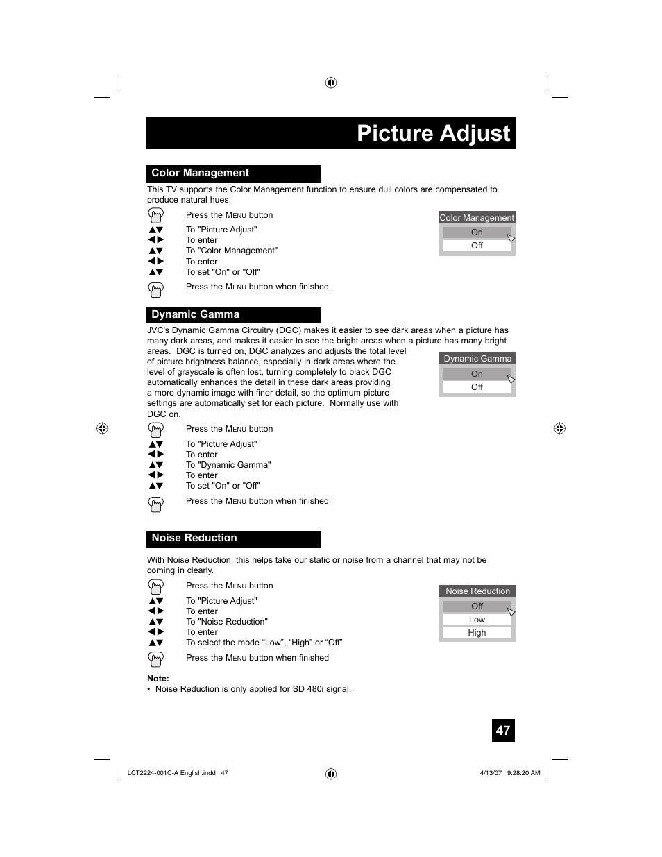Color management, Dynamic gamma, Noise reduction | Picture adjust | JVC HD-ILA 0407TNH-II-IM User Manual | Page 47 / 72
