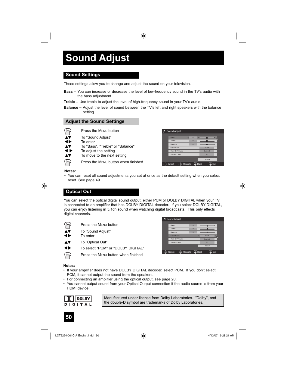 Sound adjust, Sound settings, Optical out | JVC HD-ILA 0407TNH-II-IM User Manual | Page 50 / 72