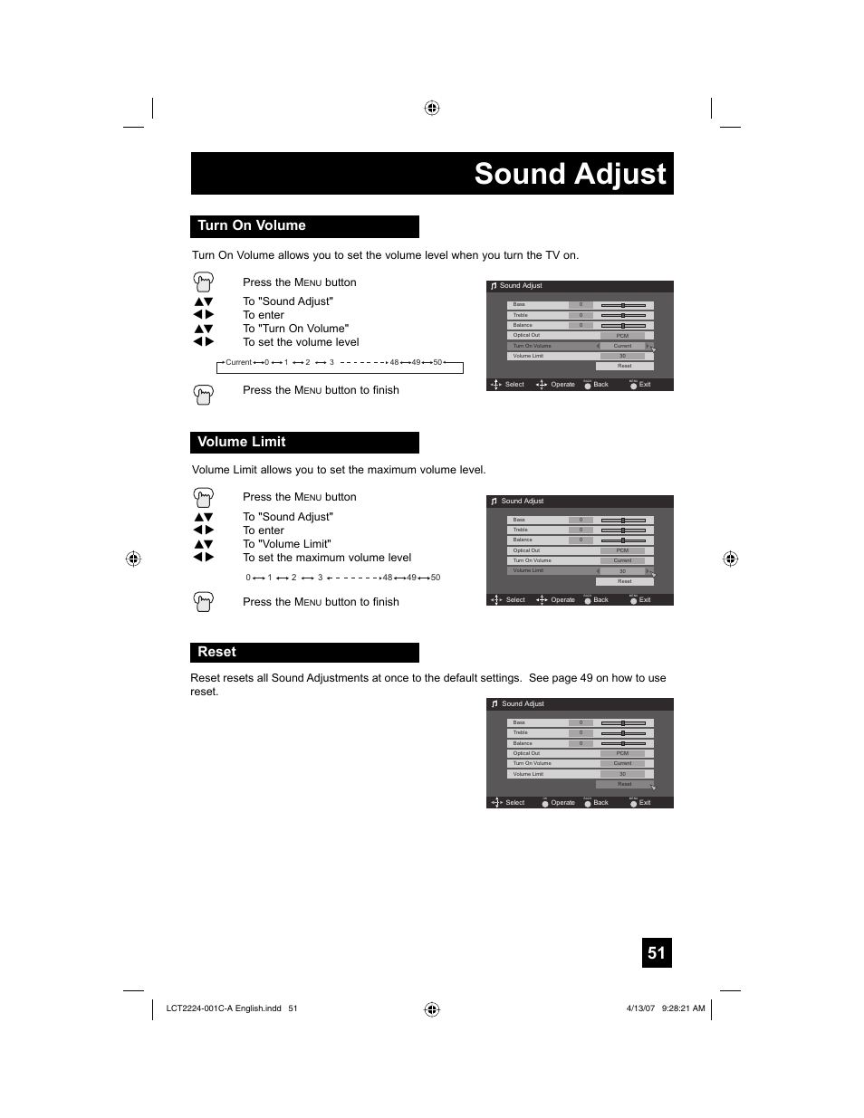 Turn on volume, Volume limit, Reset | Sound adjust, Turn on volume volume limit, Button π† to "sound adjust, Button to finish | JVC HD-ILA 0407TNH-II-IM User Manual | Page 51 / 72