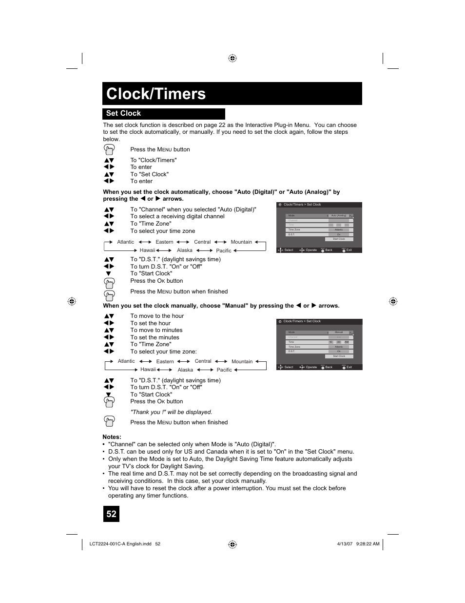 Clock/timers, Set clock | JVC HD-ILA 0407TNH-II-IM User Manual | Page 52 / 72