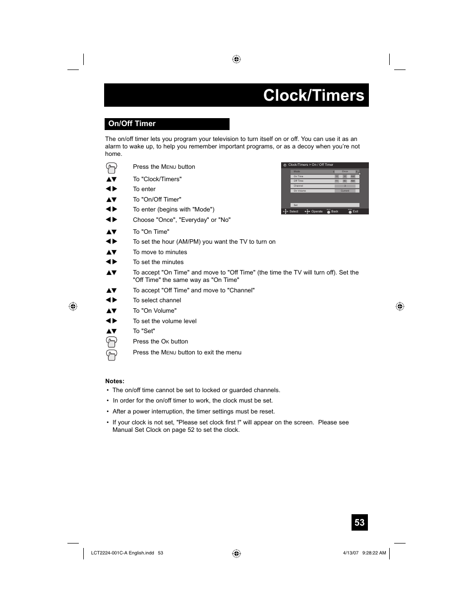 On/off timer, Clock/timers | JVC HD-ILA 0407TNH-II-IM User Manual | Page 53 / 72
