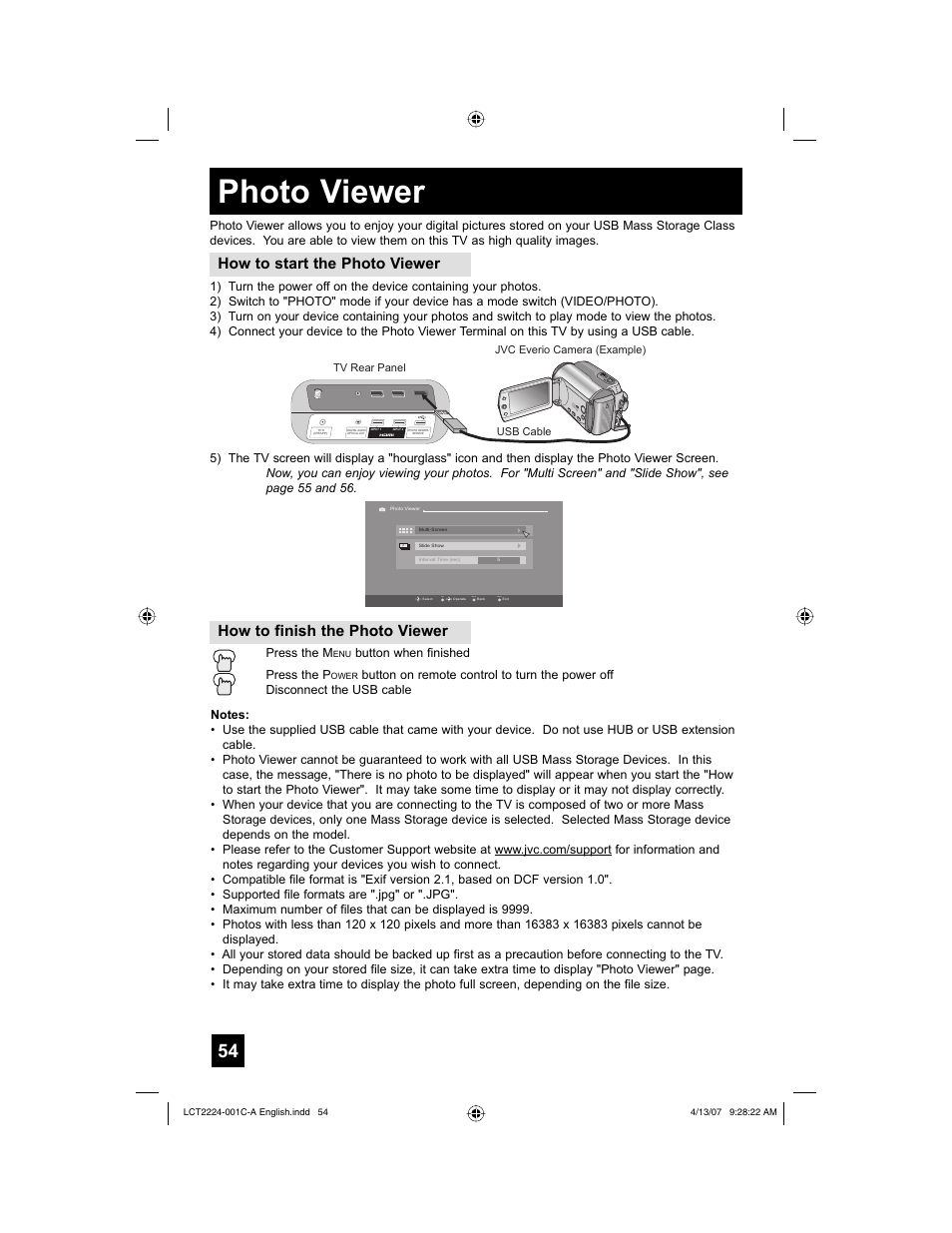 Photo viewer, How to start the photo viewer, How to finish the photo viewer | Back, Menu | JVC HD-ILA 0407TNH-II-IM User Manual | Page 54 / 72