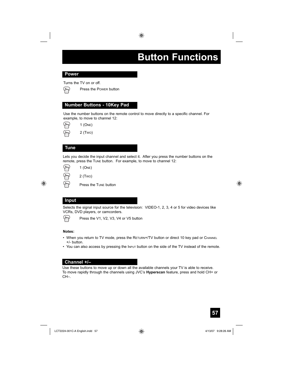 Button functions, Power, Number buttons - 10key pad | Tune, Input, Channel | JVC HD-ILA 0407TNH-II-IM User Manual | Page 57 / 72