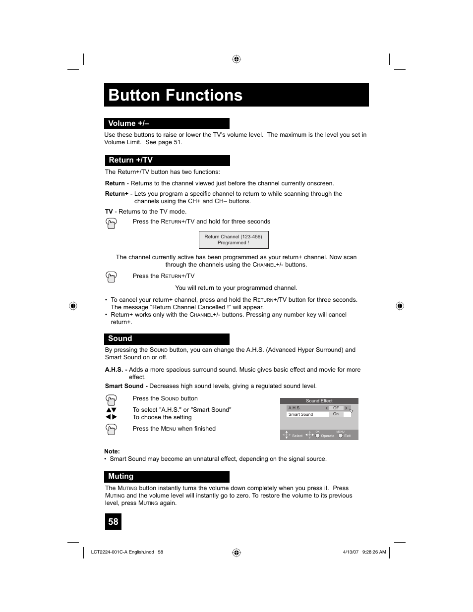 Volume, Return +/tv, Sound | Muting, Button functions | JVC HD-ILA 0407TNH-II-IM User Manual | Page 58 / 72
