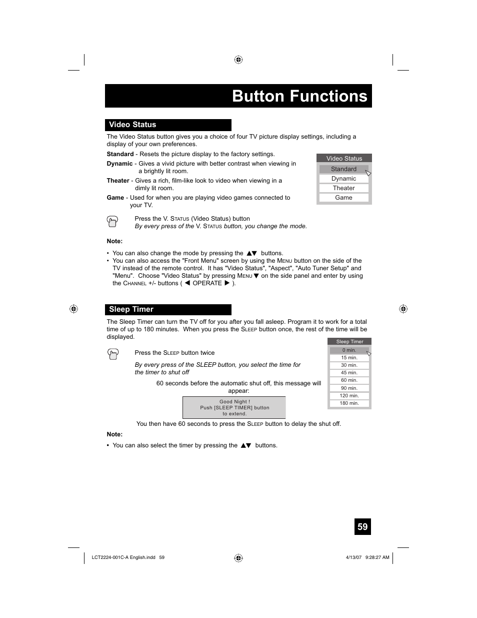 Video status, Sleep timer, Button functions | JVC HD-ILA 0407TNH-II-IM User Manual | Page 59 / 72