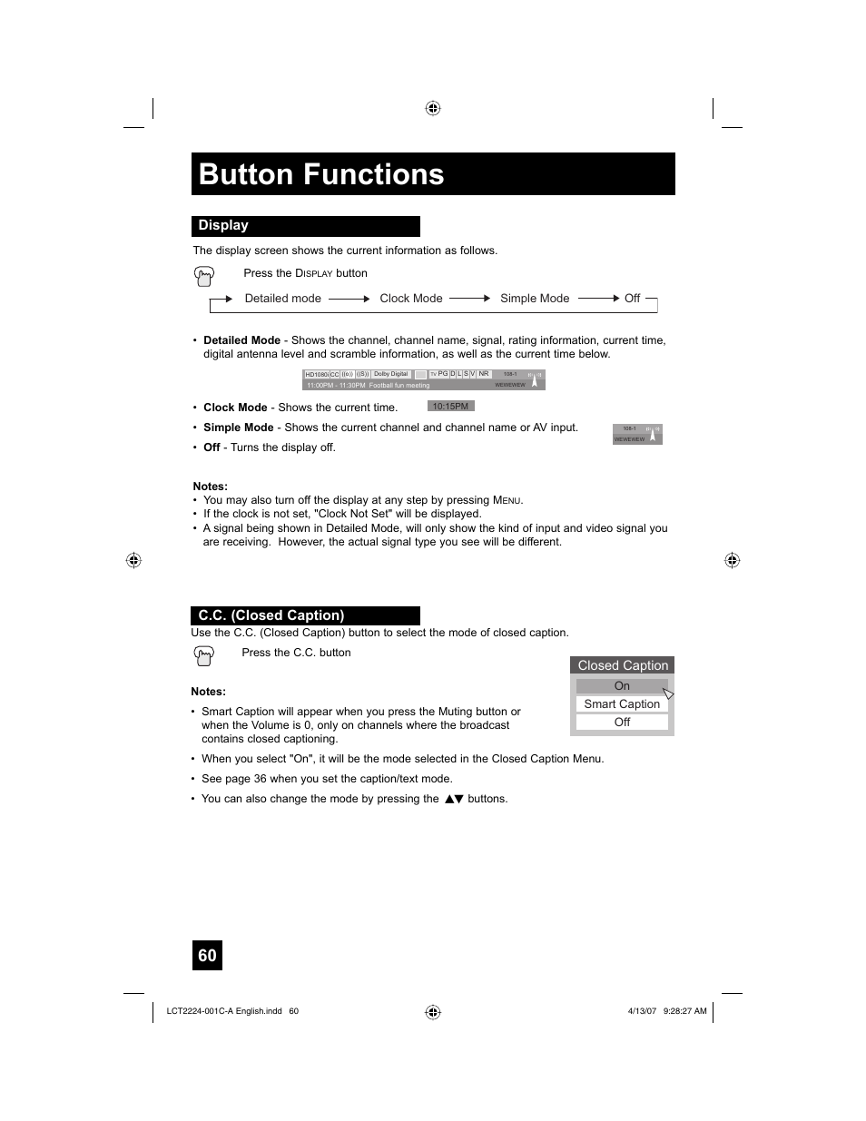 Display, C.c. (closed caption), Button functions | JVC HD-ILA 0407TNH-II-IM User Manual | Page 60 / 72